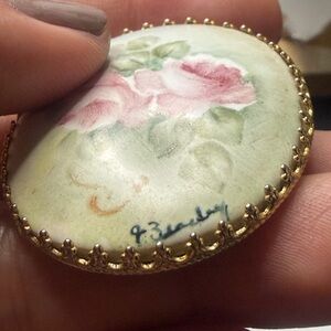 Hand-Painted Pink Rose Porcelain Brooch with Gold Trim